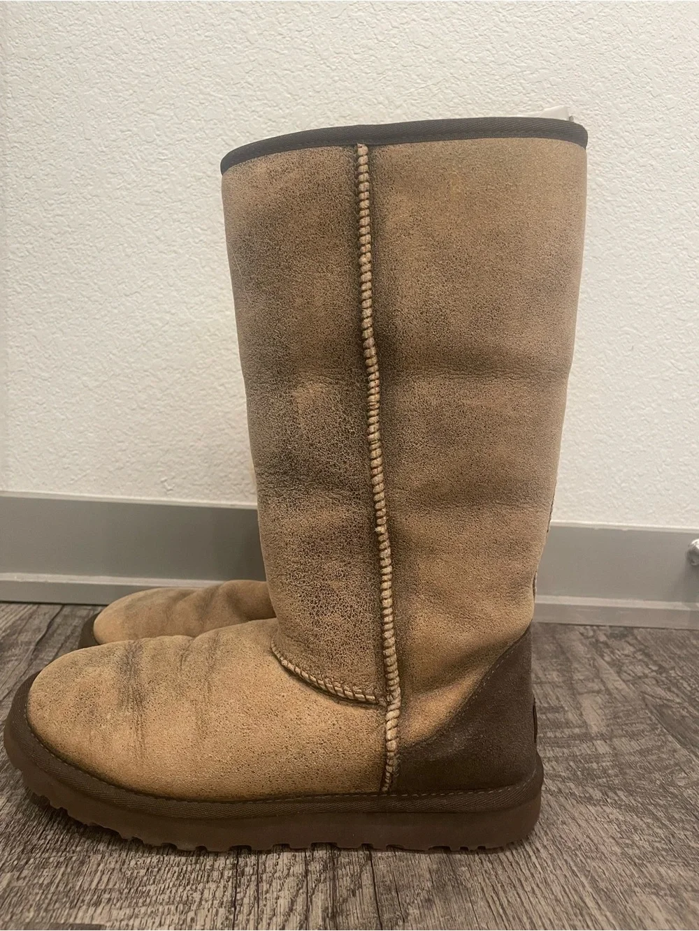 UGG Tall Suede Shearling Winter Boots in Tan with Cream Cuff